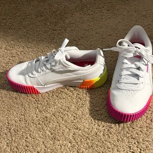 Puma Kids White Sneakers with Pink and Green Accents